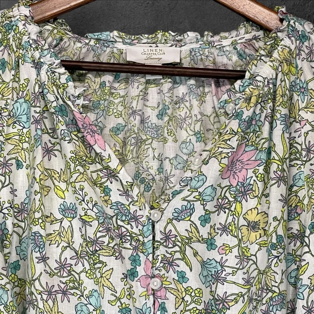 Linen Charter Club Luxury Floral Button Down Long Sleeve Top Blouse Womens - Picture 4 of 9